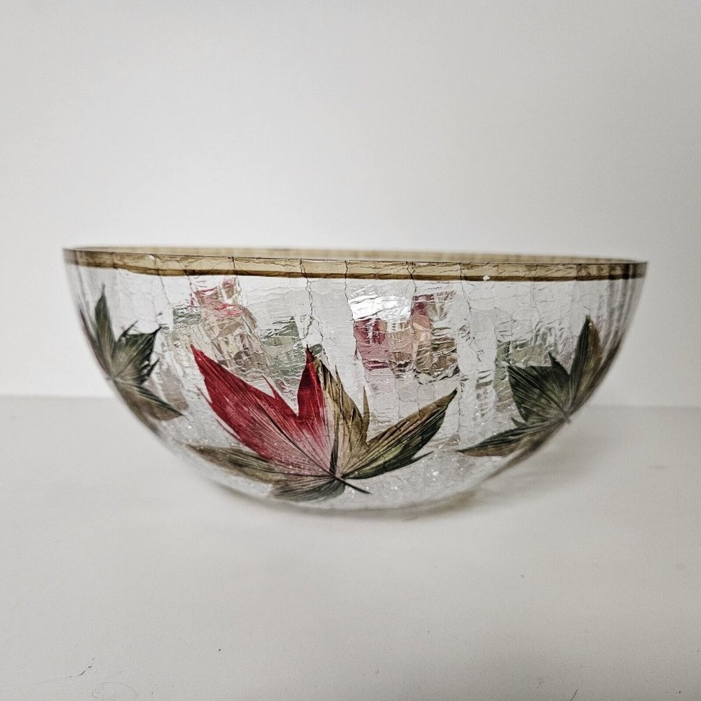 Yankee Candle Large Bowl Crackle Glass Holiday Fall Maple Leaves 9.75‎ inches